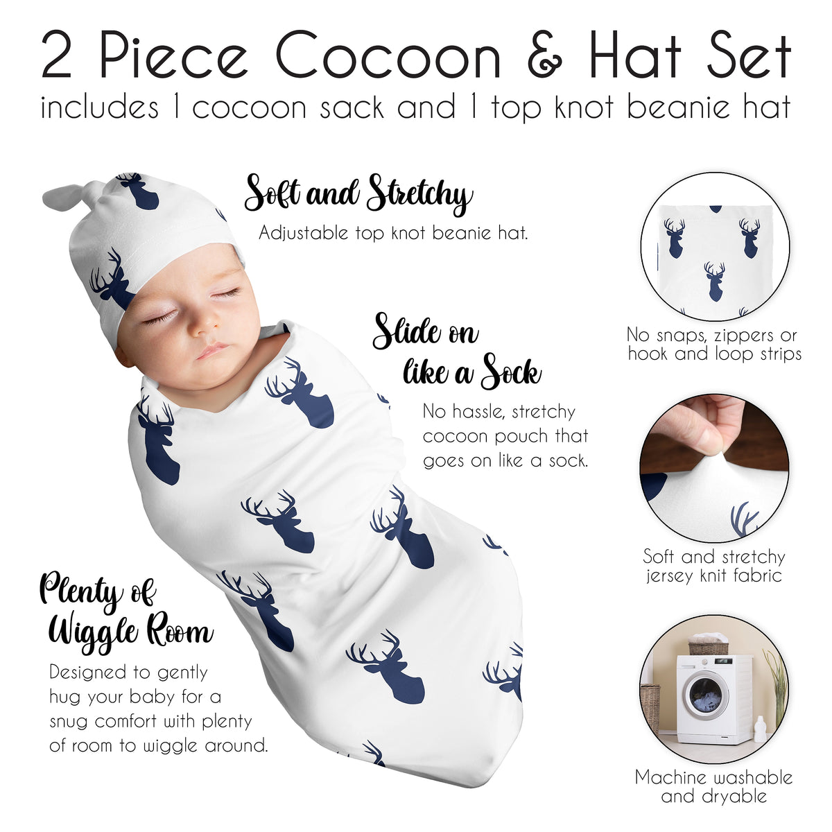 Stag Navy And White Collection Baby Cocoon and Beanie Hat - 2 Piece Set