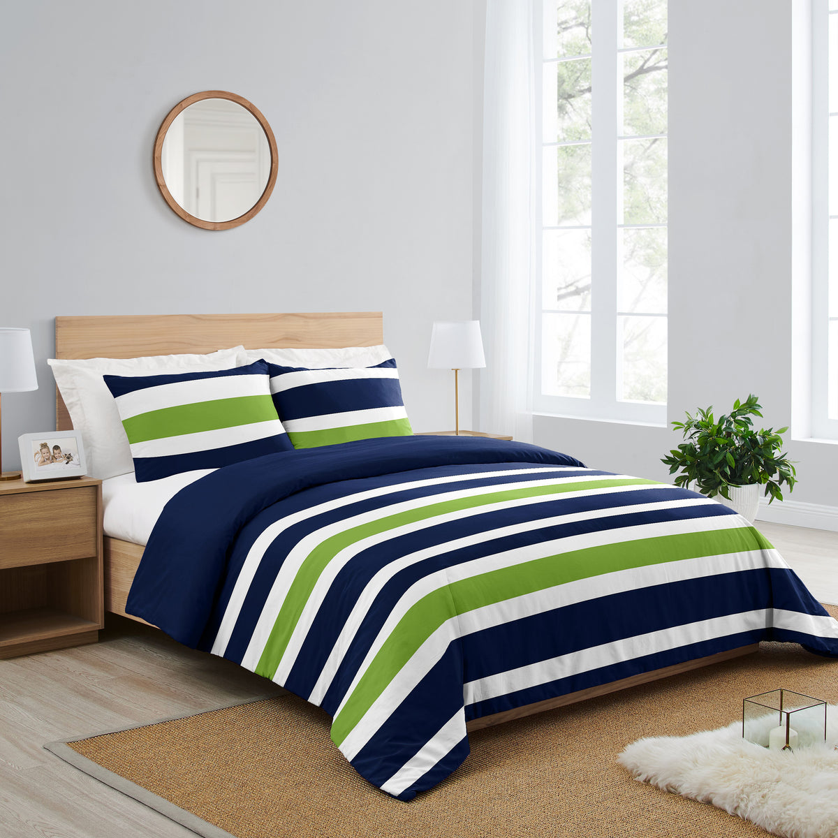 Stripe Navy and Lime Full/Queen Bedding Collection