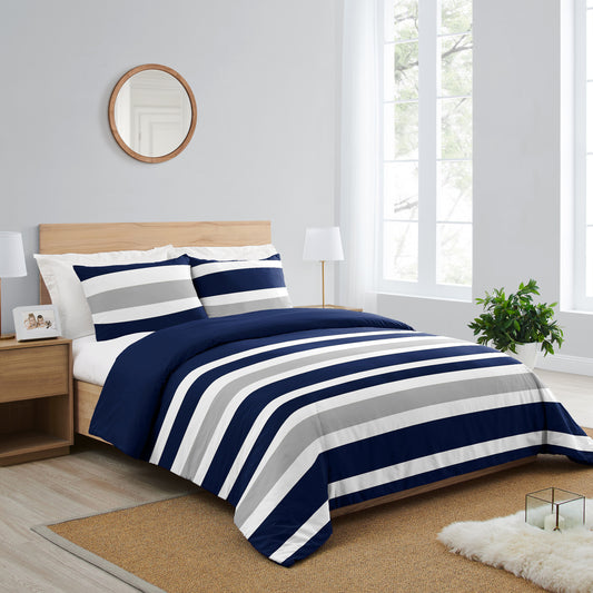 Stripe Navy and Gray Collection King Duvet Cover Bedding Set