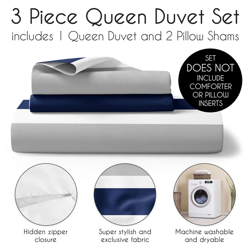Stripe Navy and Gray Collection Queen Duvet Cover Bedding Set