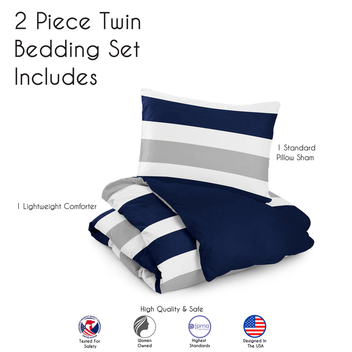 Stripe Navy and Gray Twin Bedding Collection