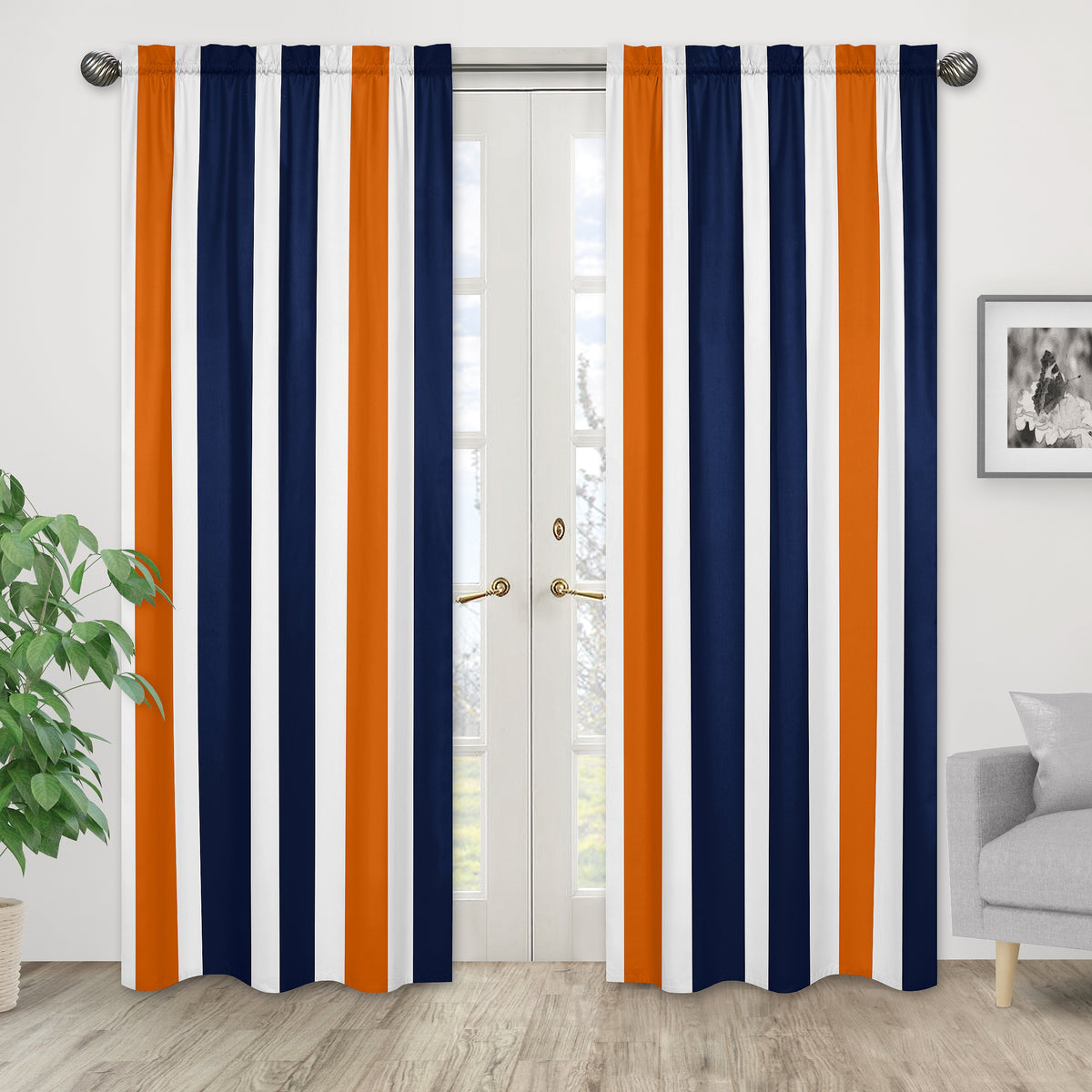 Window Panels for Stripe Navy Blue and Orange Collection  - Set of 2
