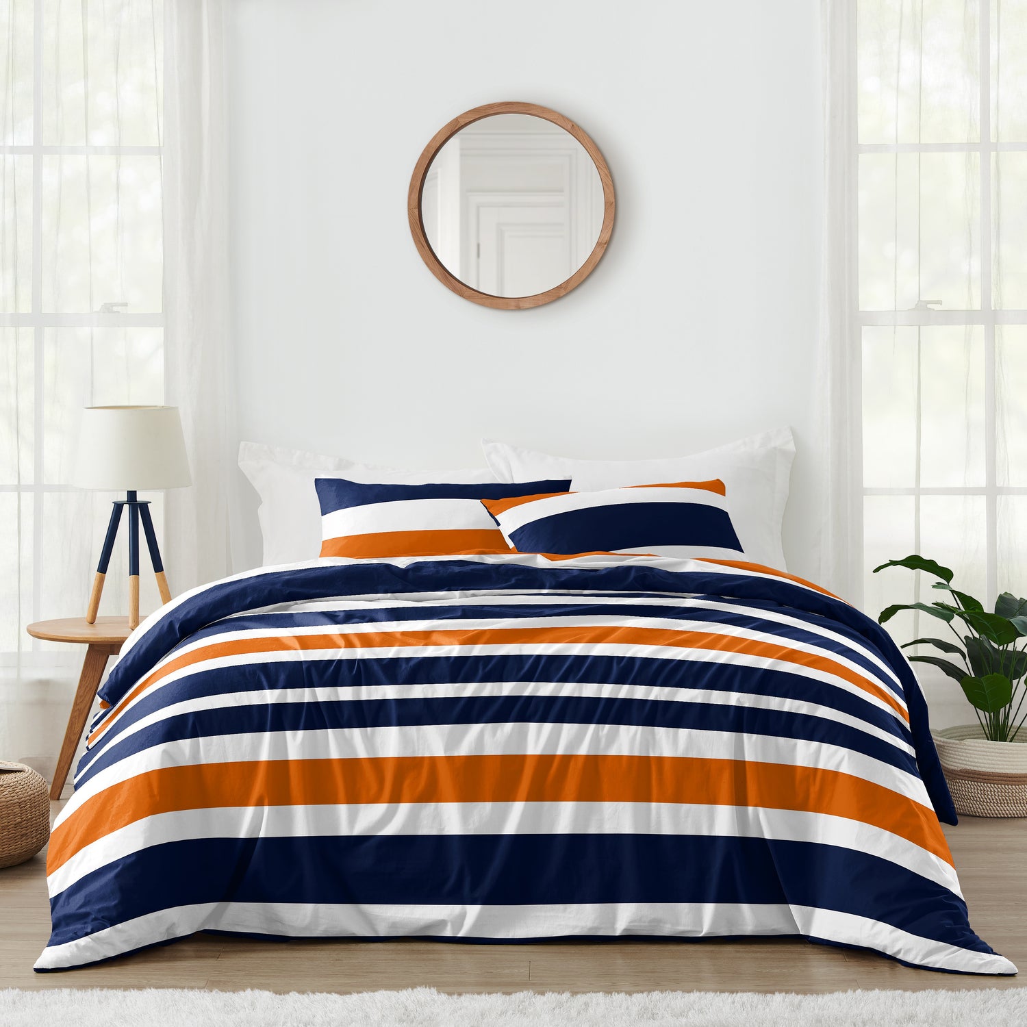 Stripe Navy Blue and Orange Full/Queen Bedding Collection