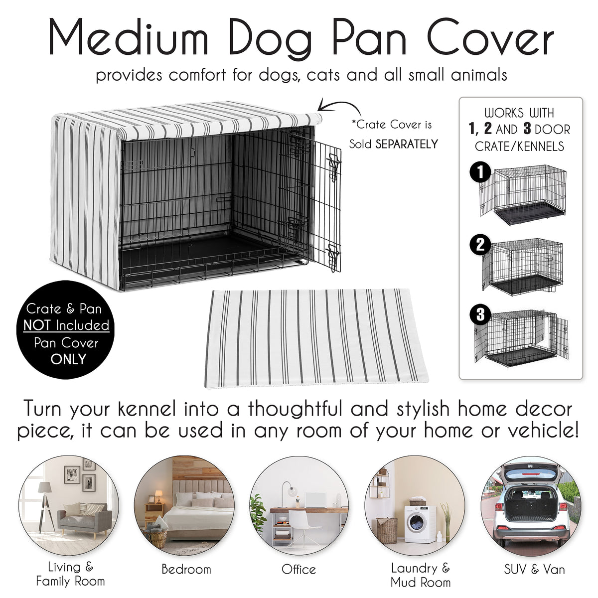 Stripe White and Grey Collection Dog Crate Bottom Tray Pan Cover 36in.