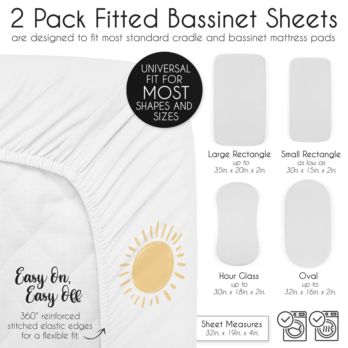 Boho Sun White and Mustard Yellow Collection 2 Pack Baby Bassinet Fitted Sheets