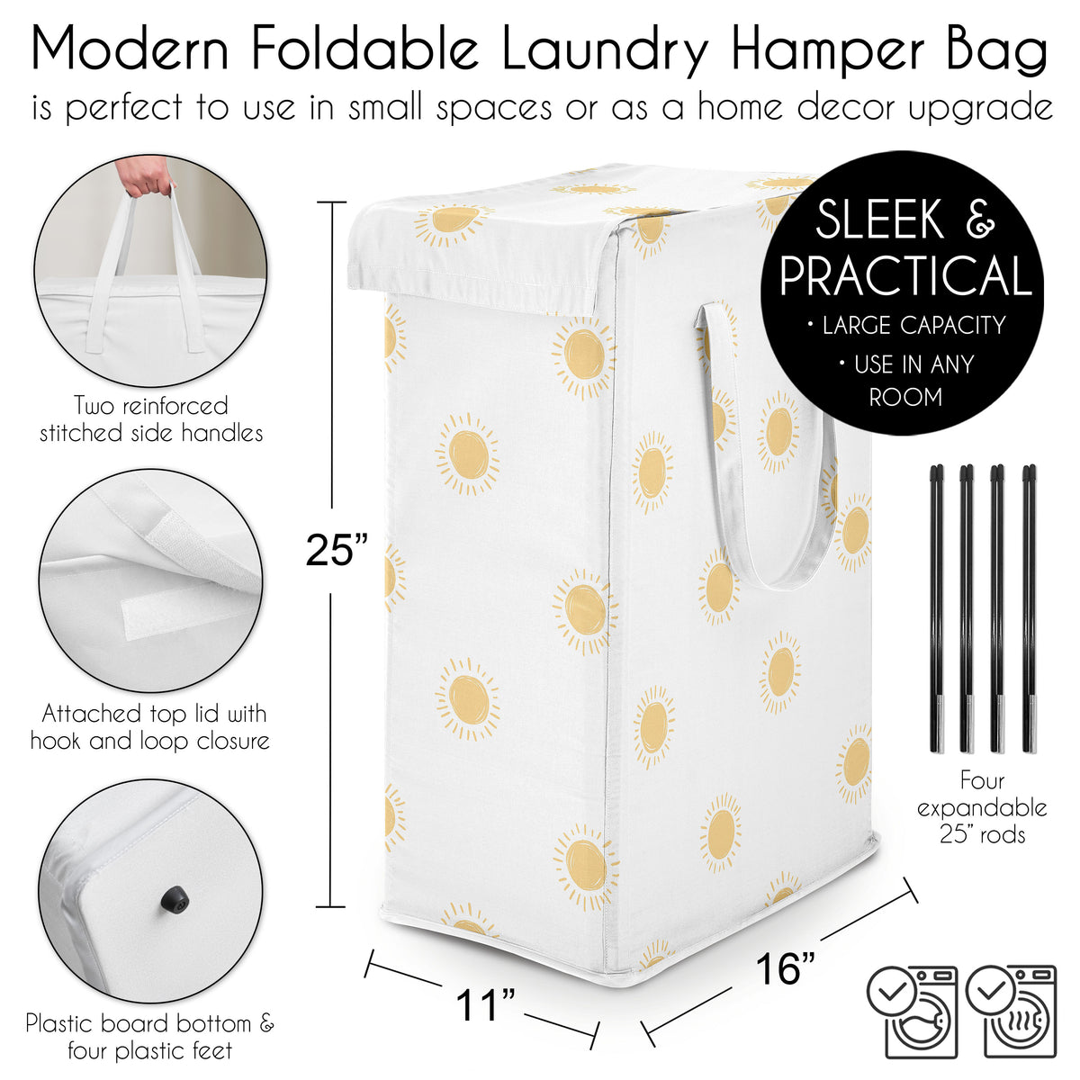 Boho Sun White and Mustard Collection Laundry Hamper with Handles