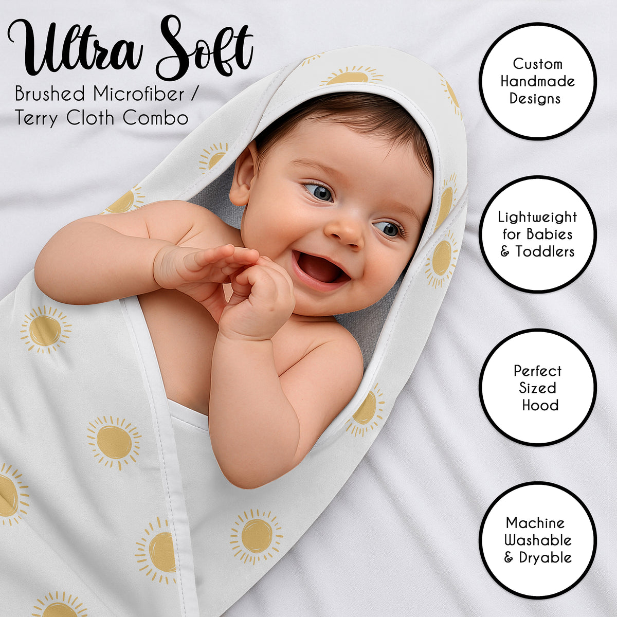 Boho Sun White and Mustard Collection Hooded Baby Towels - Toddler Bath Towel