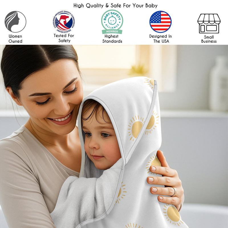 Boho Sun White and Mustard Collection Hooded Baby Towels - Toddler Bath Towel