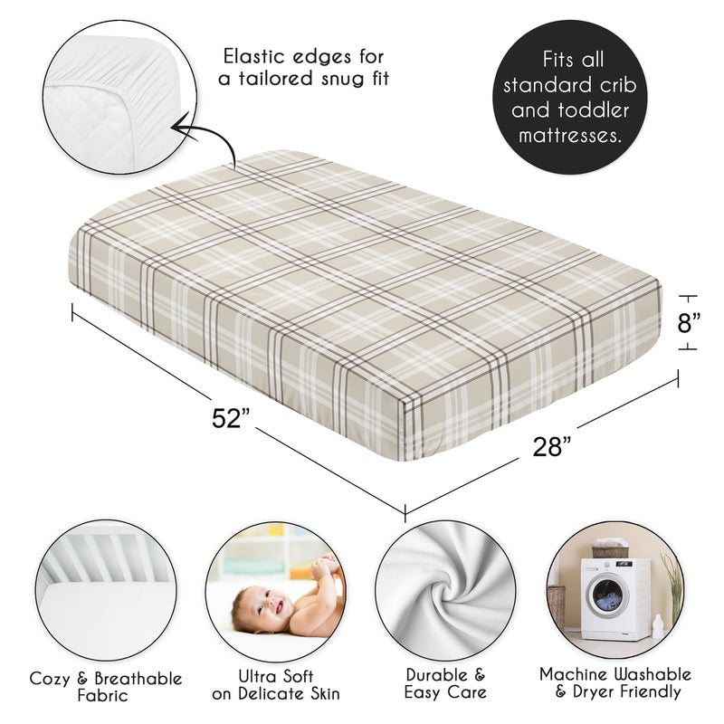 Boho Teddy Bear Collection Crib Sheet - Taupe Plaid  Print