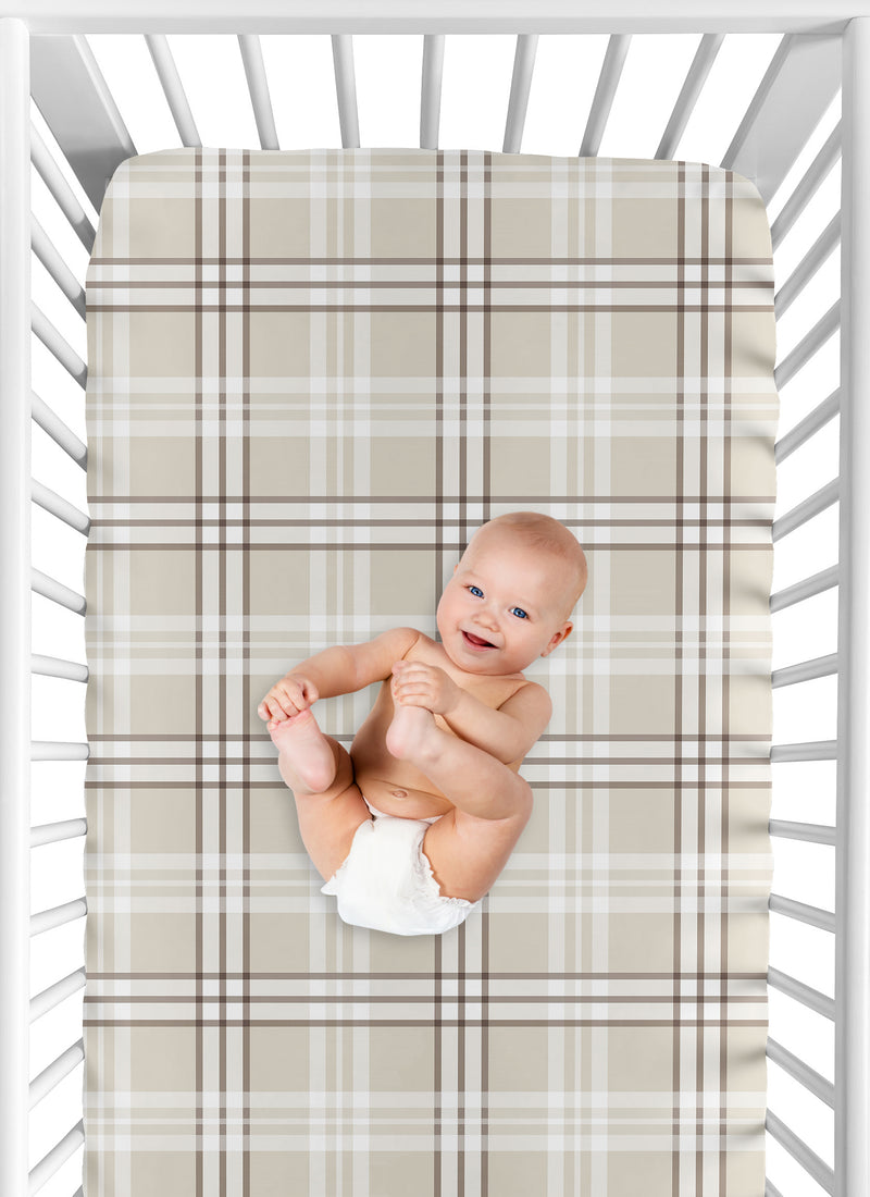 Boho Teddy Bear Collection Crib Sheet - Taupe Plaid  Print