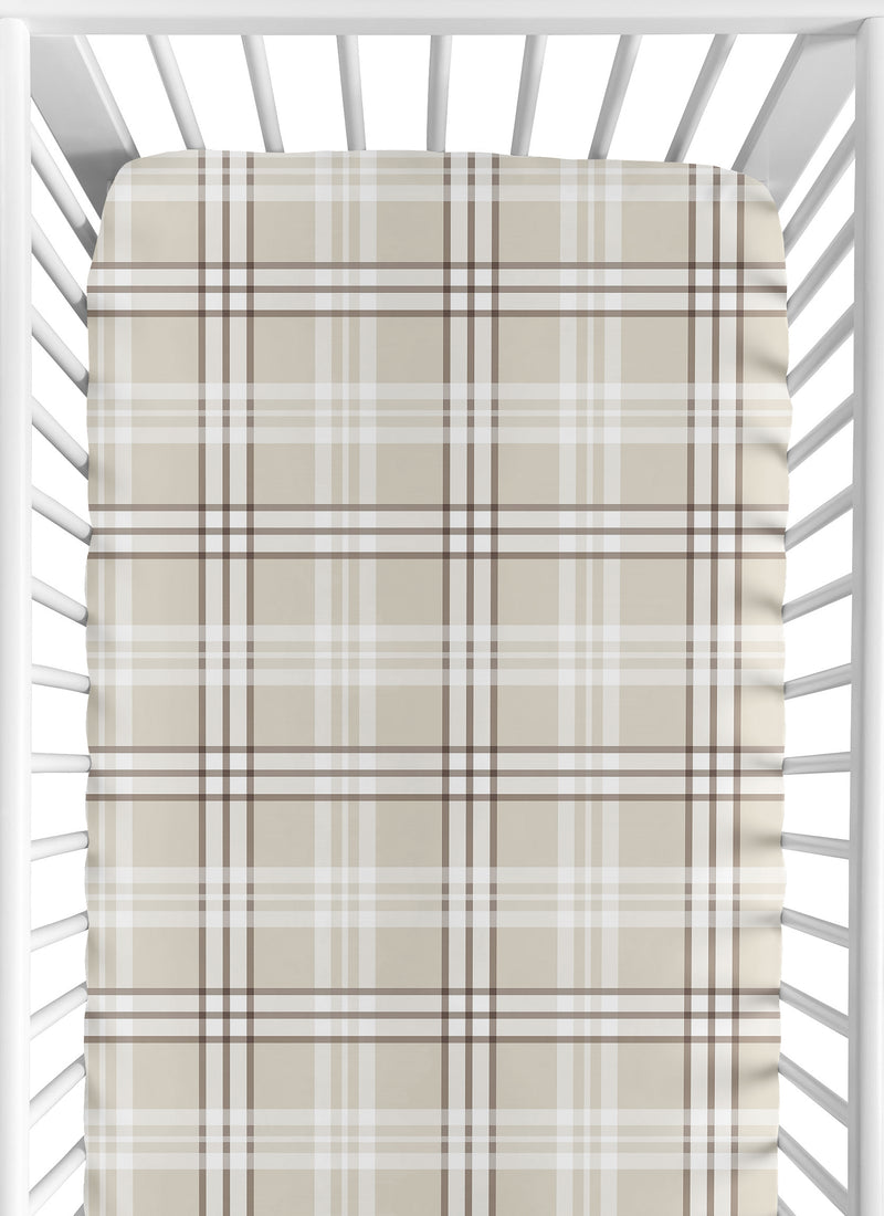 Boho Teddy Bear Collection Crib Sheet - Taupe Plaid  Print