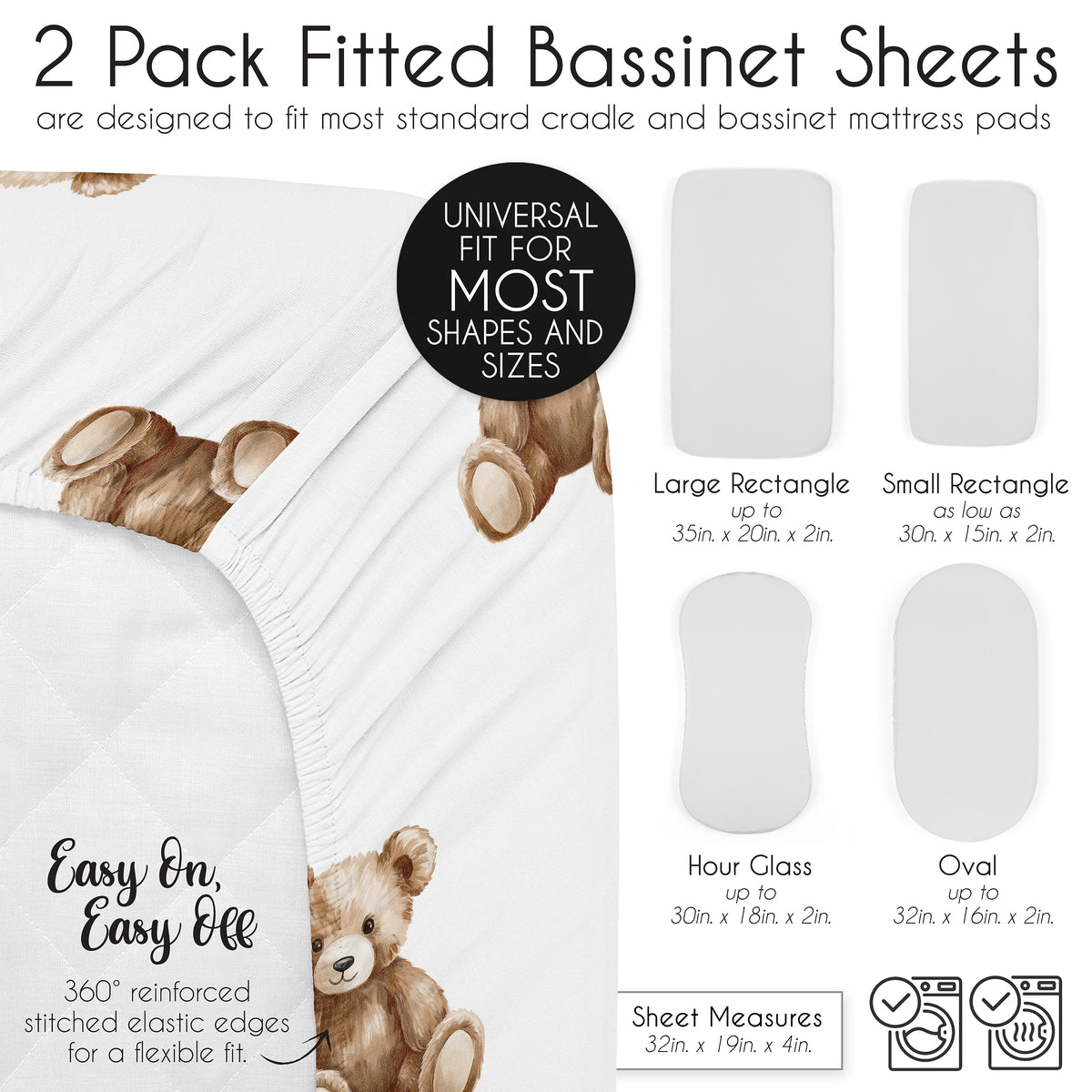 Boho Teddy Bear Collection 2 Pack Baby Bassinet Fitted Sheets