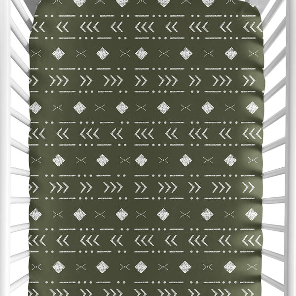 Boho Tribal Green and White Crib Sheet