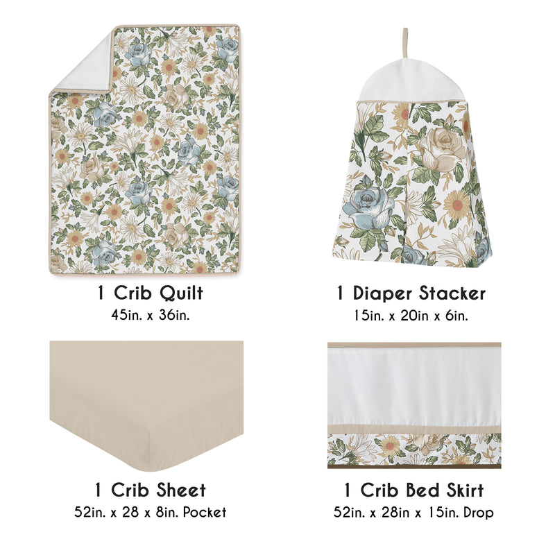 Vintage Floral Blue and Yellow Collection 4 Piece Crib Bedding