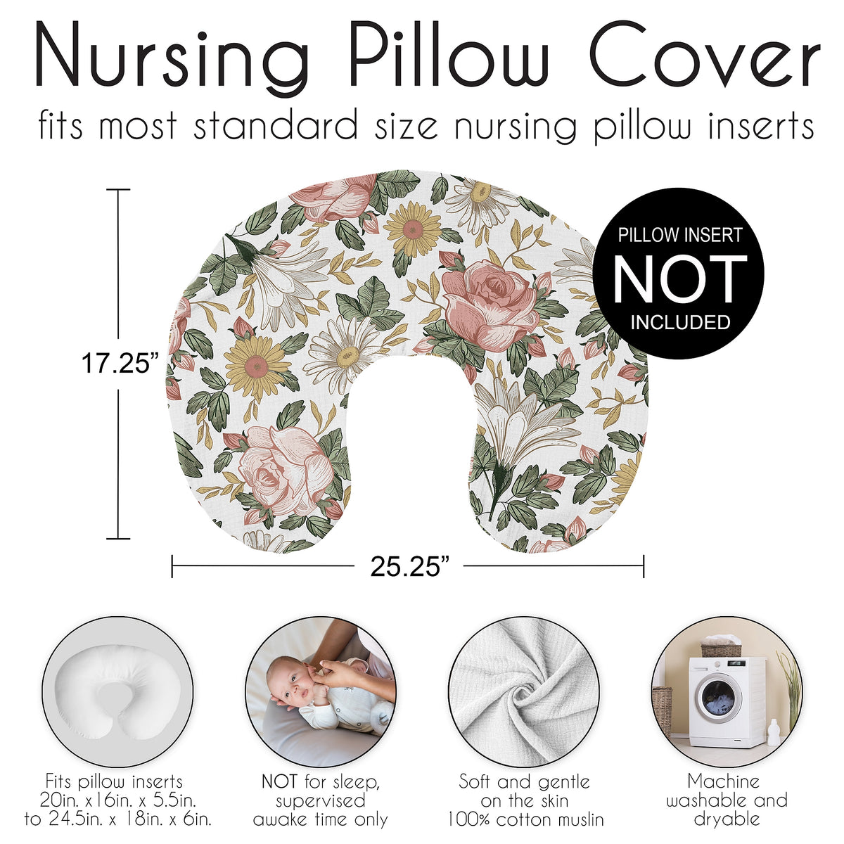 Vintage Floral Collection 2 Pack 100% Cotton Muslin Nursing Breastfeeding Pillow Cover Cases (Pillow Not Included)