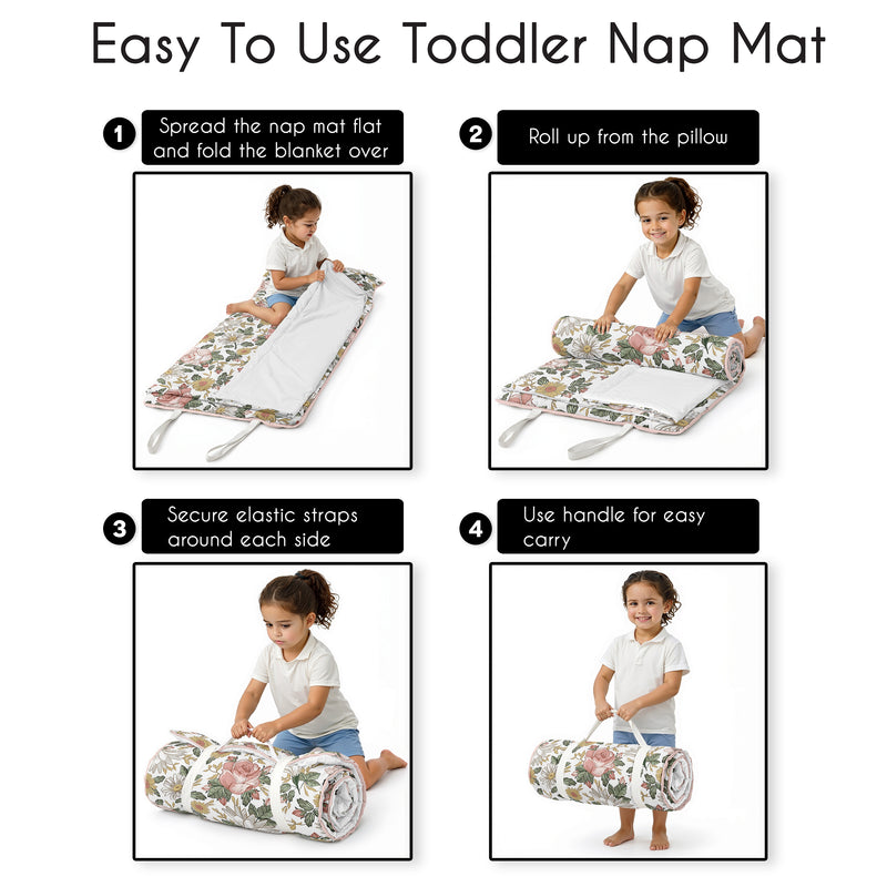 Vintage Floral Collection Lightweight Toddler Nap Mat with Pillow