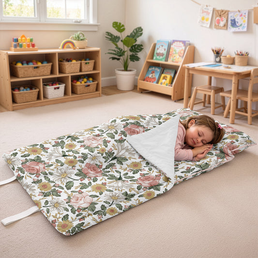 Vintage Floral Collection Lightweight Toddler Nap Mat with Pillow