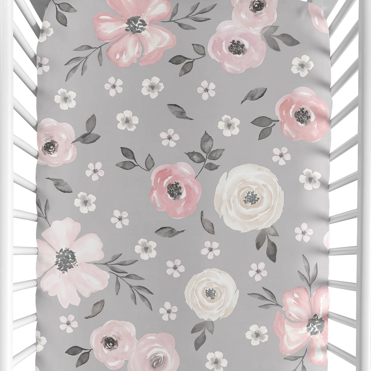 Watercolor Floral Grey Collection Crib Sheet