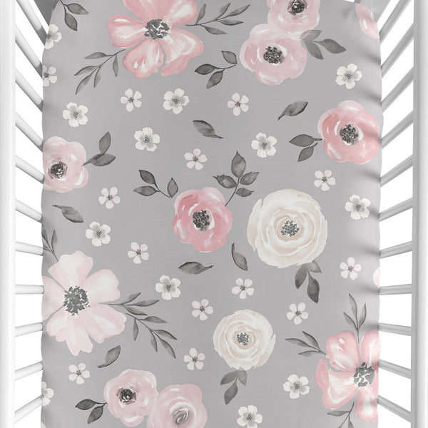 Watercolor Floral Grey Collection Crib Sheet