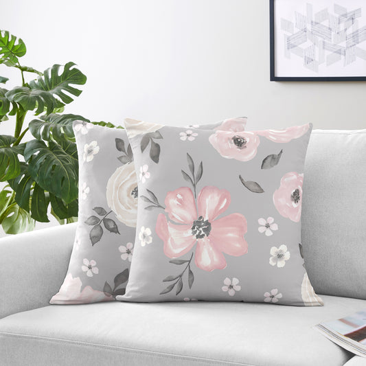Watercolor Floral Grey Collection Decorative Accent Throw Pillow Covers - Set of 2