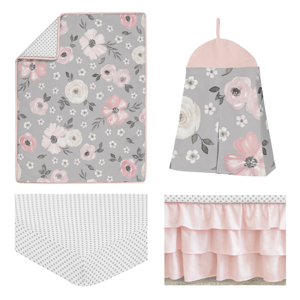 Watercolor Floral Grey Collection 4 Piece Crib Bedding alternate view