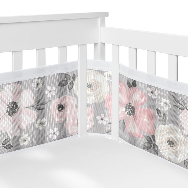 Watercolor Floral Grey Collection Sweet Jojo Designs + BreathableBaby Breathable Mesh Crib Liner