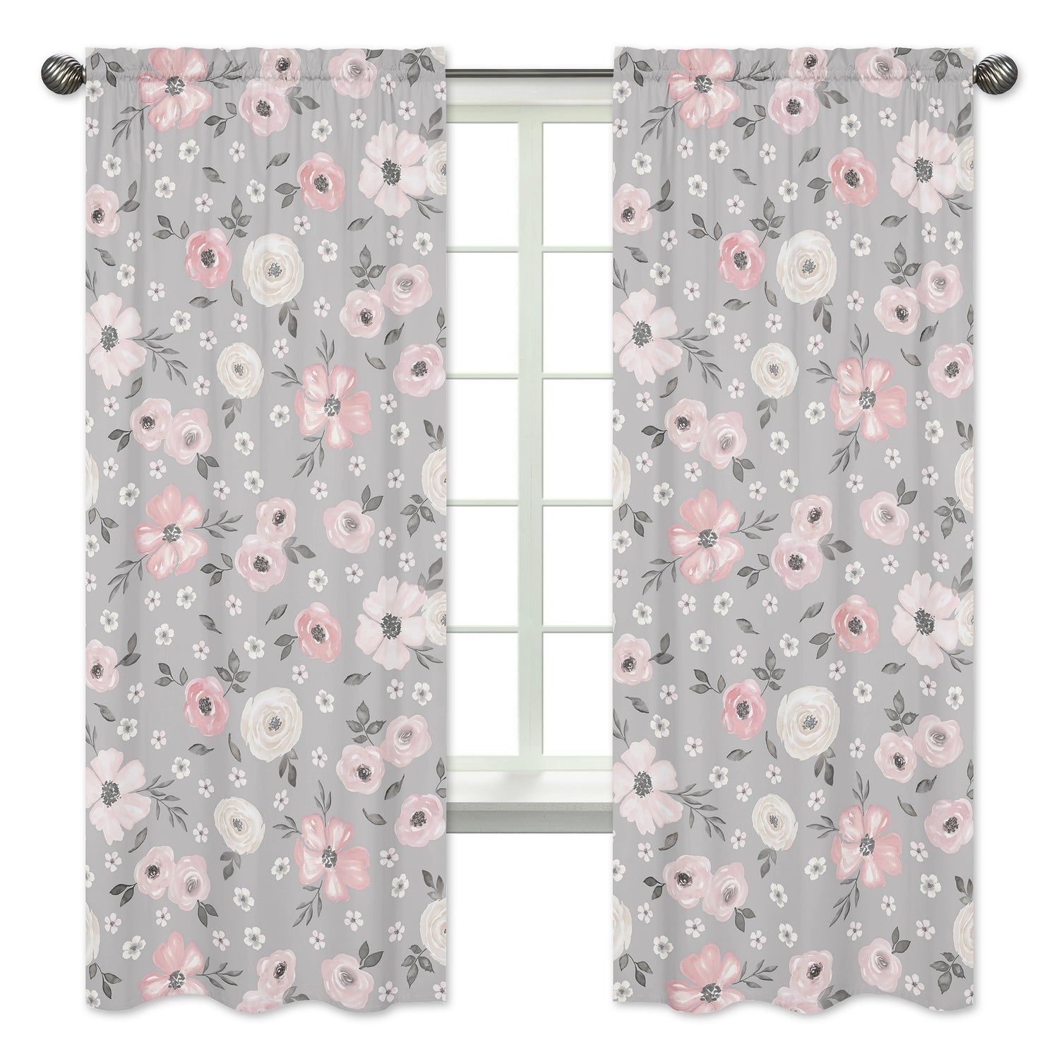 Watercolor Floral Grey Collection Window Panels - Set of 2
