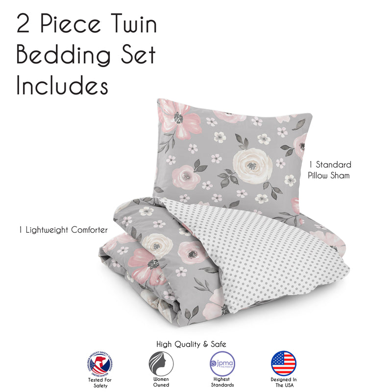 Watercolor Floral Grey Collection Twin Bedding