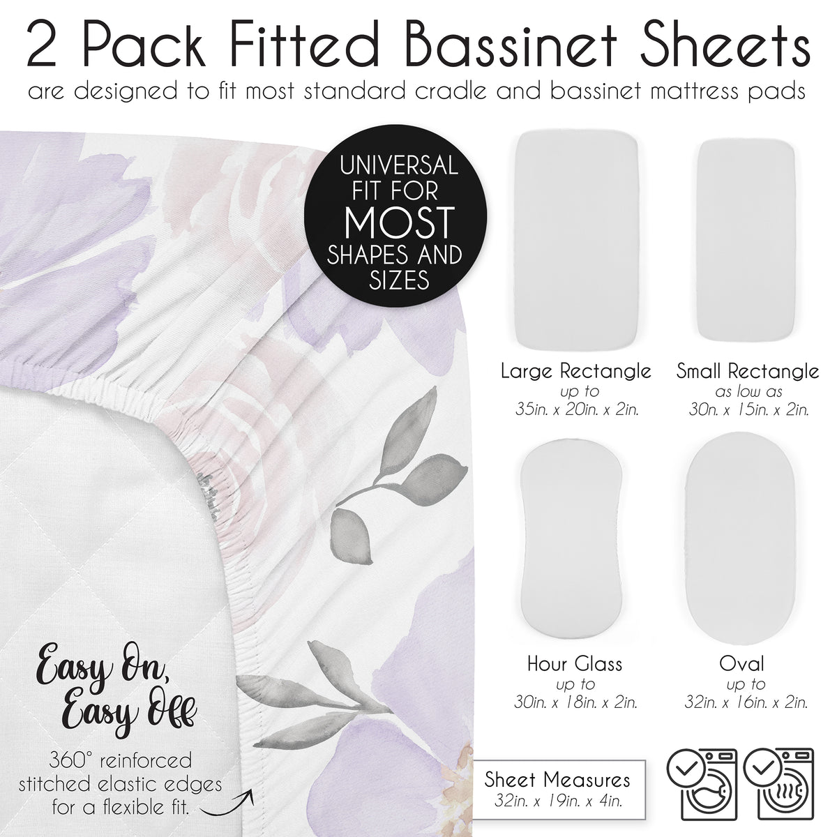 Watercolor Floral Lavender and Grey Collection 2 Pack Baby Bassinet Fitted Sheets