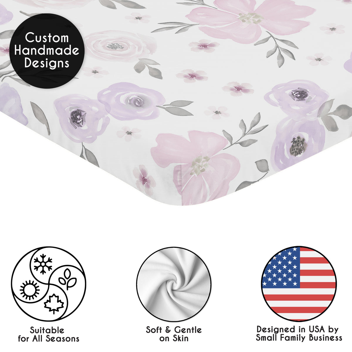 Watercolor Floral Lavender and Grey Collection 2 Pack Crib Sheets