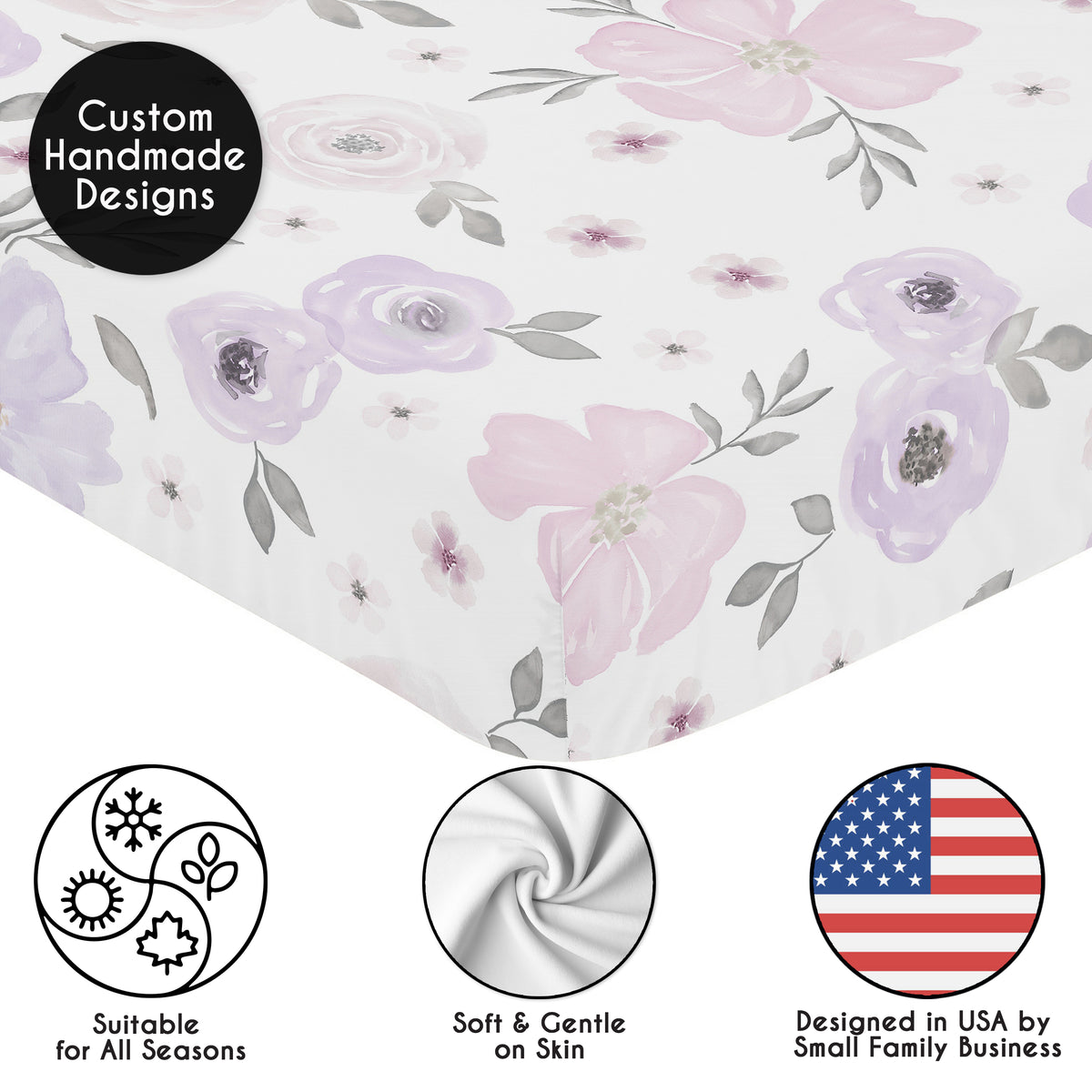 Watercolor Floral Lavender and Grey Collection Crib Sheet - Flower Print