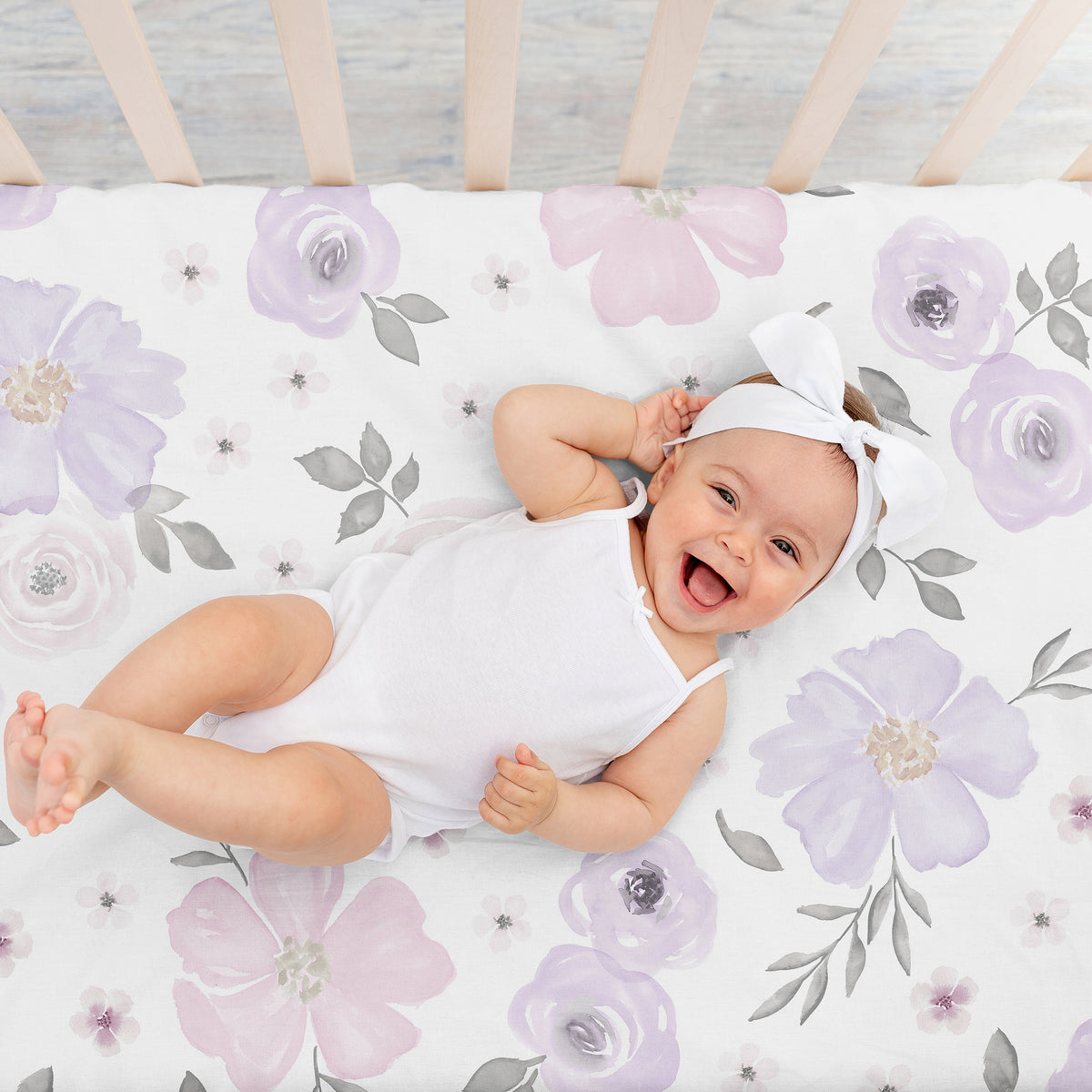 Watercolor Floral Lavender and Grey Collection Crib Sheet - Flower Print
