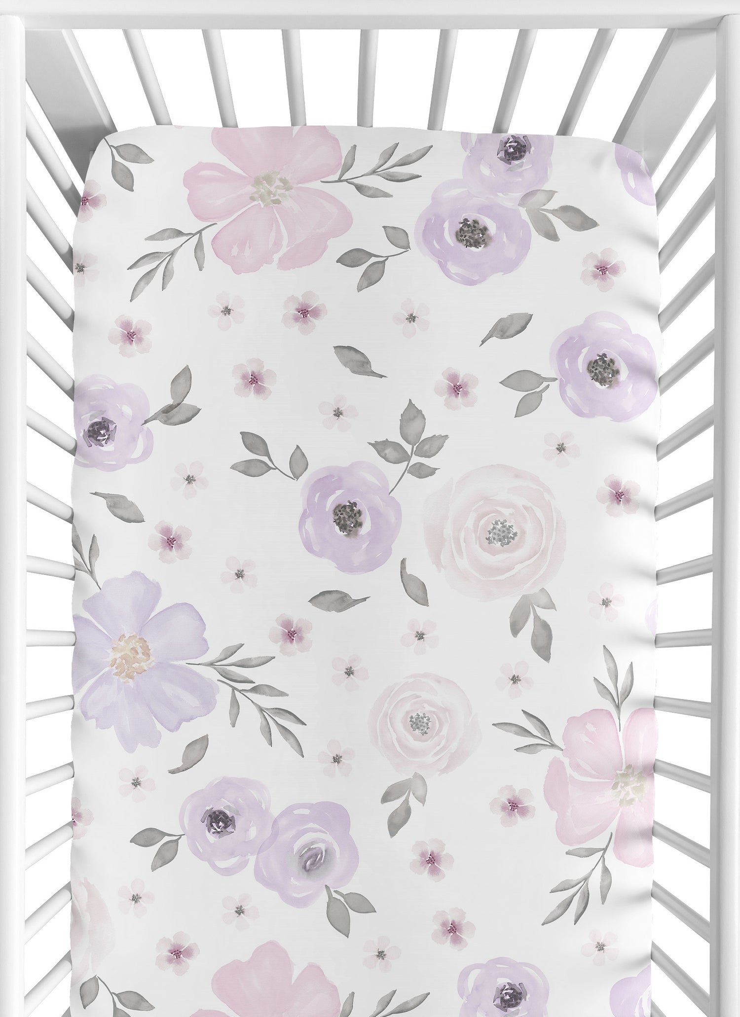 Watercolor Floral Lavender and Grey Collection Crib Sheet - Flower Print