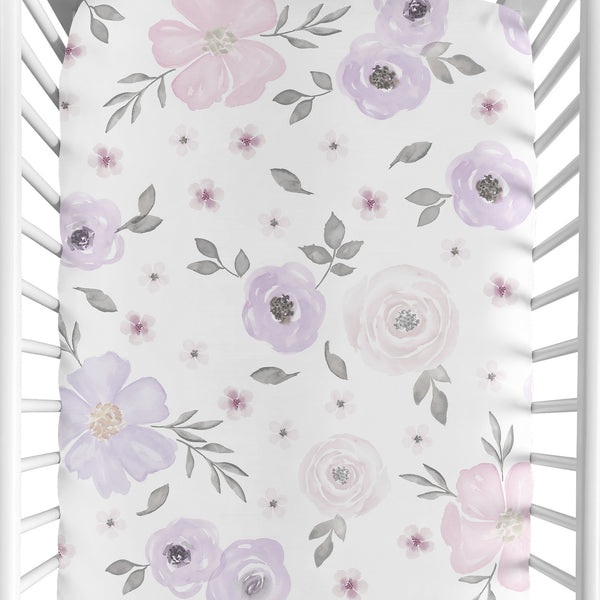 Watercolor Floral Lavender and Grey Collection Crib Sheet - Flower Print