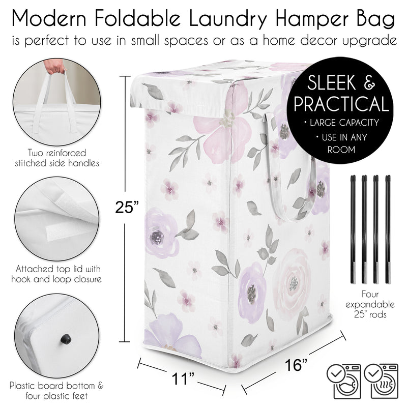 Watercolor Floral Lavender And Grey Collection Laundry Hamper with Handles