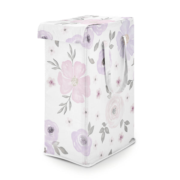 Watercolor Floral Lavender And Grey Collection Laundry Hamper with Handles