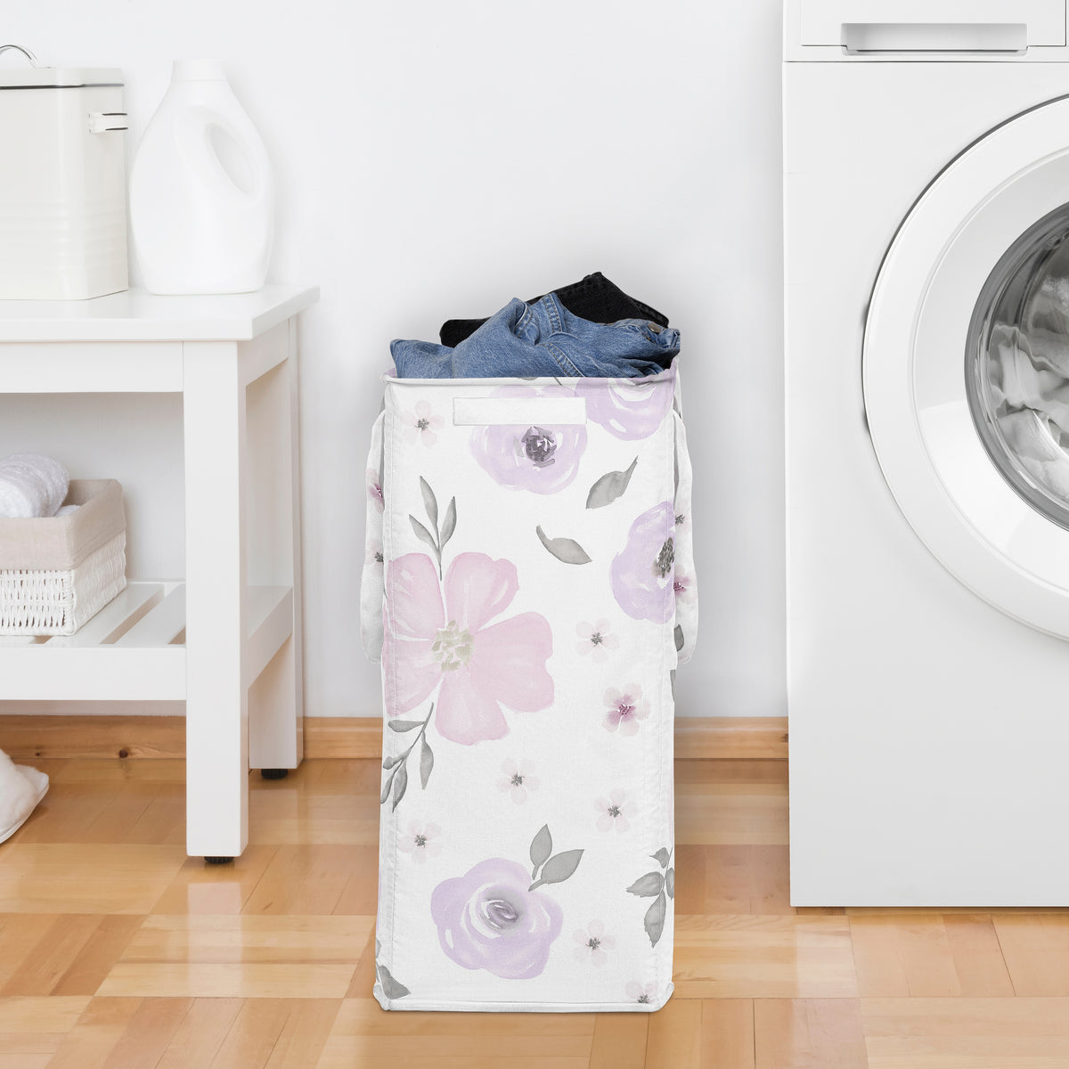 Watercolor Floral Lavender And Grey Collection Laundry Hamper with Handles