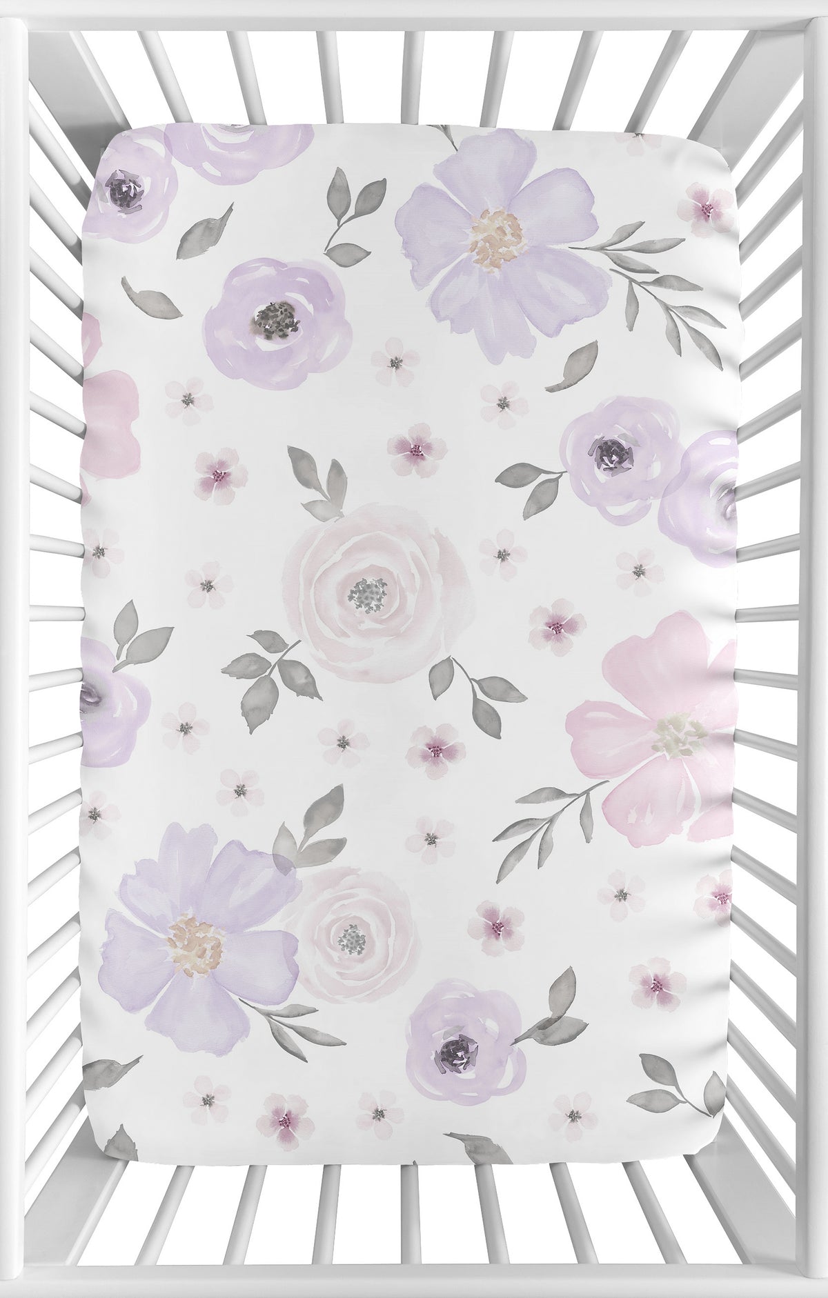 Watercolor Floral Lavender and Grey Collection Mini Crib Sheet - Flower Print