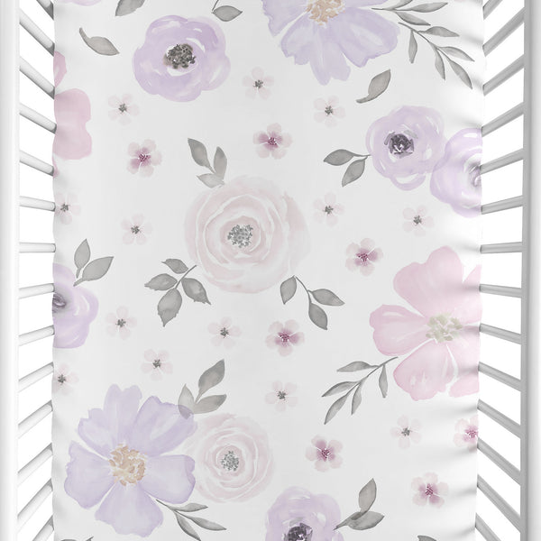Watercolor Floral Lavender and Grey Collection Mini Crib Sheet - Flower Print