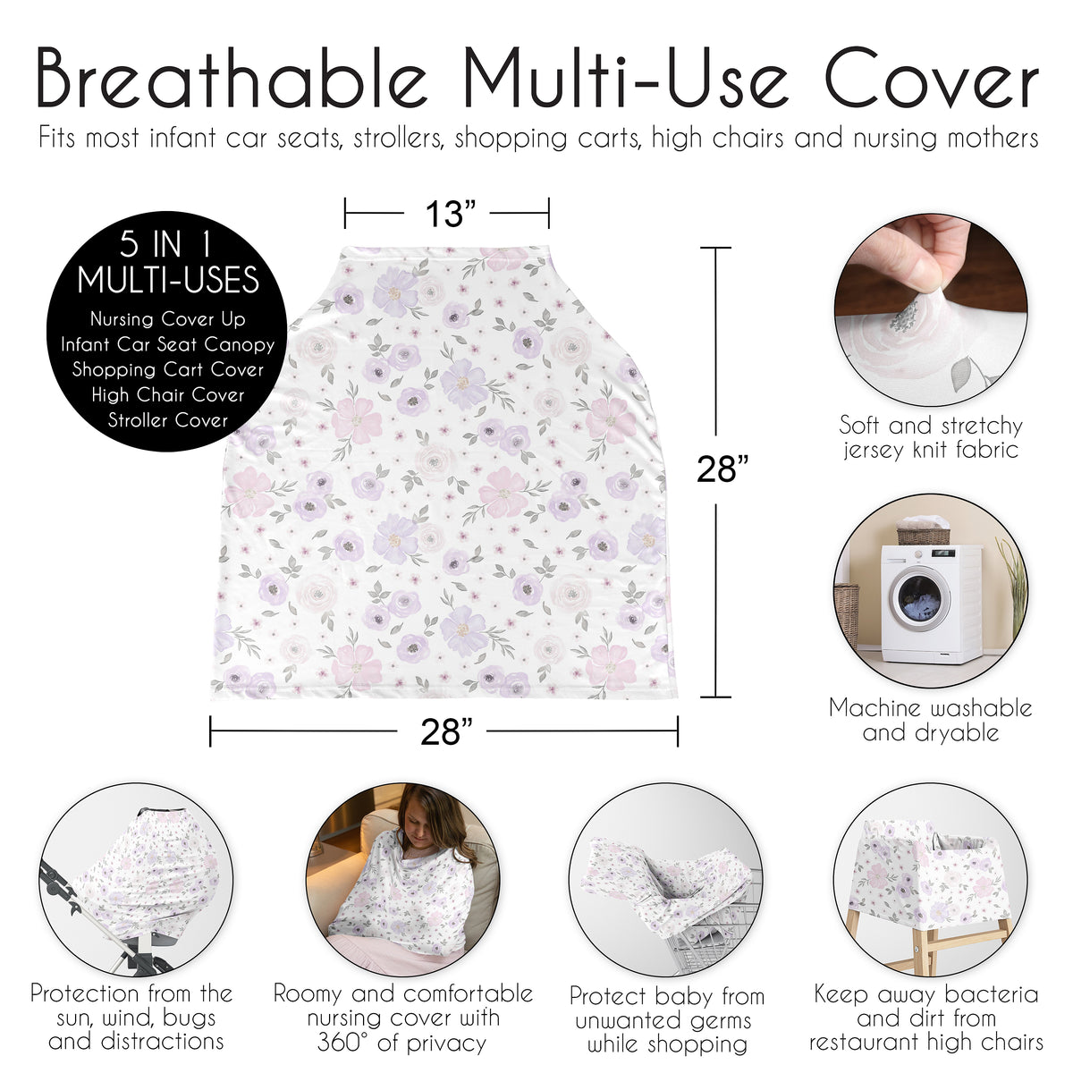 Watercolor Floral Lavender and Grey Collection Multi Use Baby Car Seat and Nursing Cover