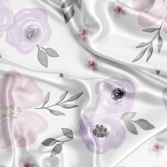 Watercolor Floral Lavender and Grey Collection Satin Fitted Crib Sheet
