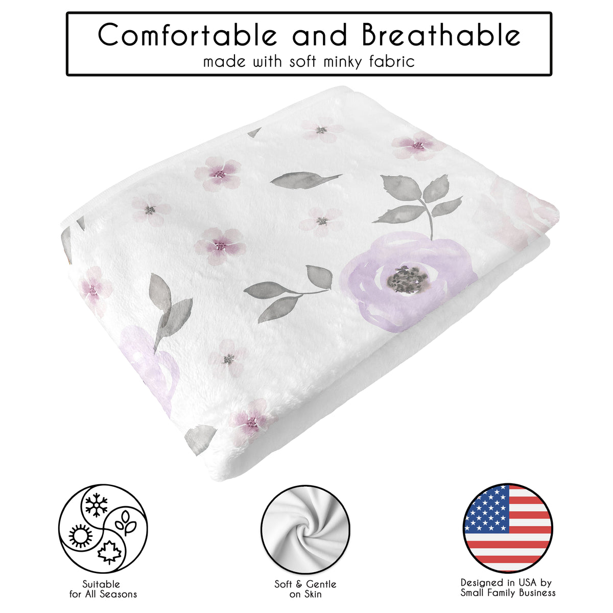 Watercolor Floral Lavender and Grey Collection Toddler Blanket Baby Swaddle
