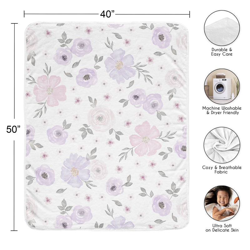 Watercolor Floral Lavender and Grey Collection Toddler Blanket Baby Swaddle