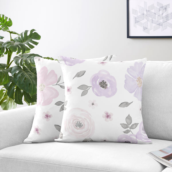 Watercolor Floral Lavender and Grey Collection Decorative Accent Throw Pillow Covers - Set of 2 alternate view