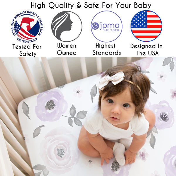 Watercolor Floral Lavender and Grey Collection 3 Pack Crib Sheets alternate view