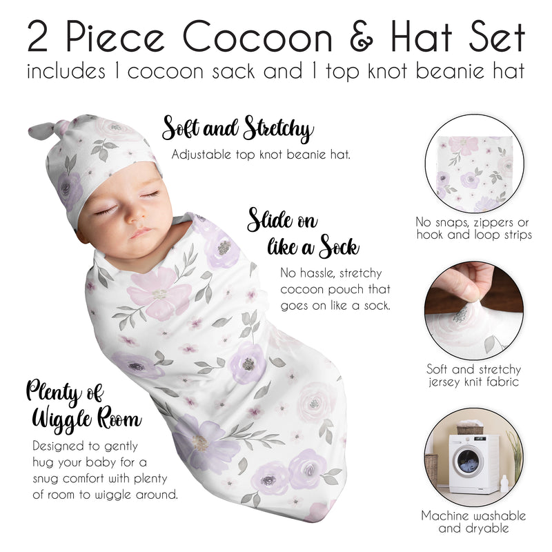 Watercolor Floral Lavender Purple And Grey Collection Baby Cocoon and Beanie Hat - 2 Piece Set