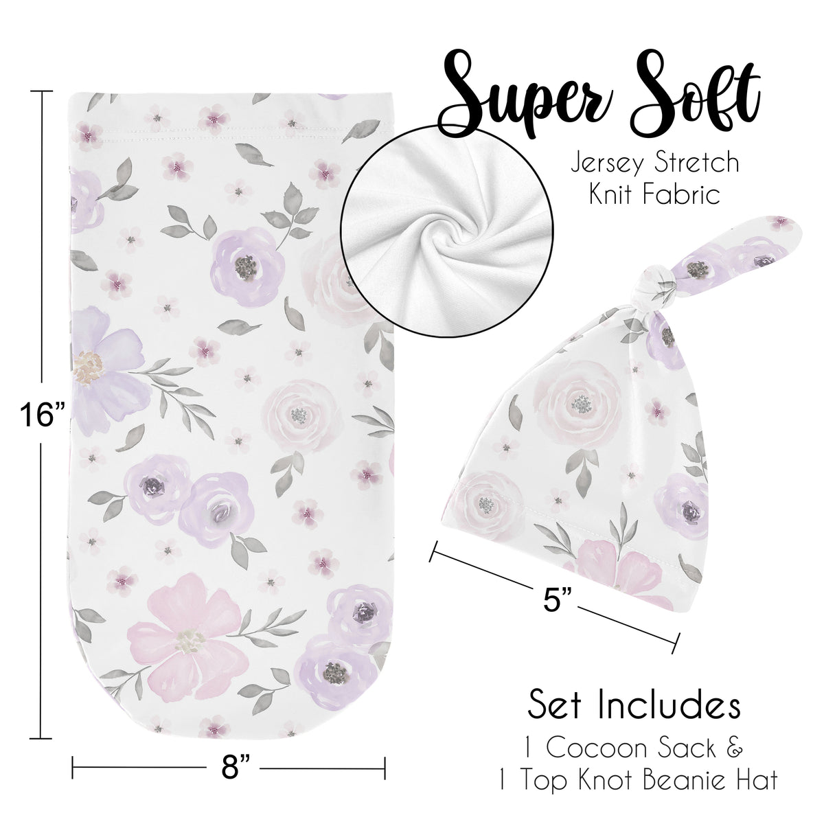 Watercolor Floral Lavender Purple And Grey Collection Baby Cocoon and Beanie Hat - 2 Piece Set
