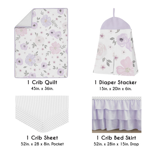 Watercolor Floral Lavender and Grey Collection 4 Piece Crib Bedding