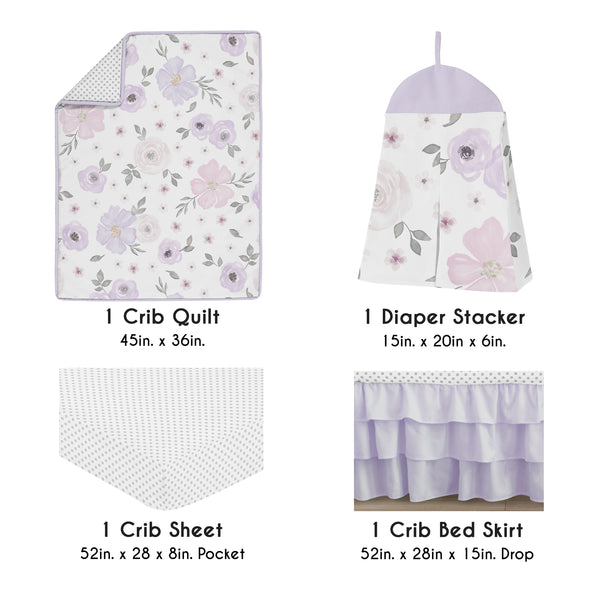 Watercolor Floral Lavender and Grey Collection 4 Piece Crib Bedding alternate view