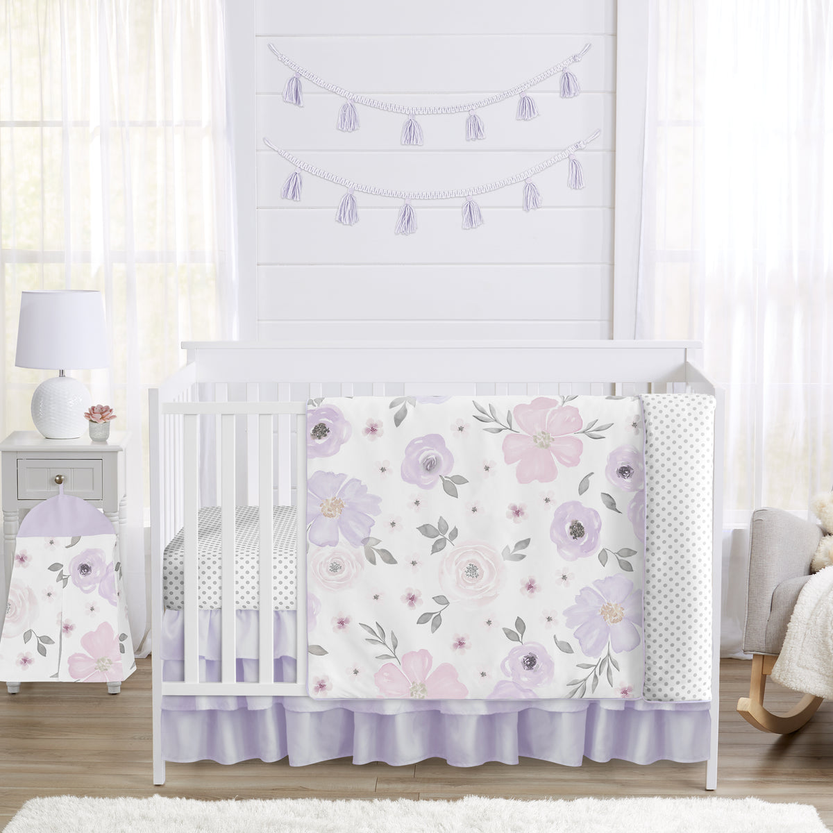 Watercolor Floral Lavender and Grey Collection 4 Piece Crib Bedding